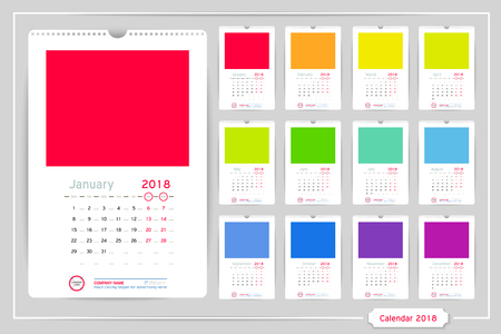 monthly calendar for year 2018 vector design template with space for photo and corporate elements
