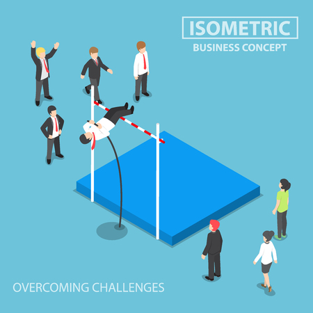 Flat 3d isometric businessman doing the pole vault, overcoming business problems and obstacles concept
