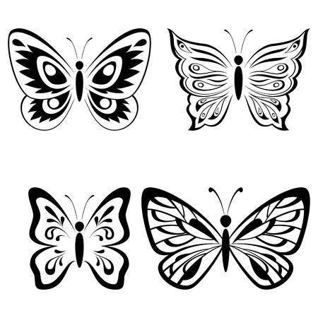butterfly: Đặt bướm đơn sắc Đen chữ tượng hình biểu tượng Isolated trên nền trắng. vector