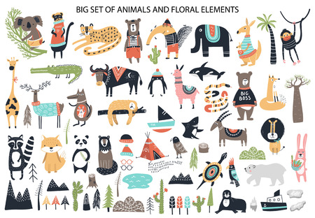Big set of diferent cartoon animals. cute handdrawn kids clip art collection. vector illustration.