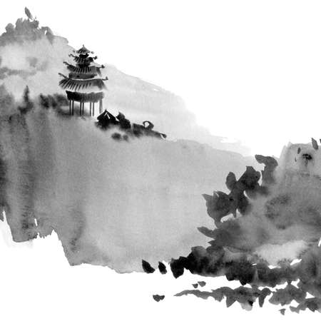 人気のクリスマスアイテムがいっぱい！ 墨絵、水墨画風の塔と山々のある中国の風景の水彩画とインクの 絵画