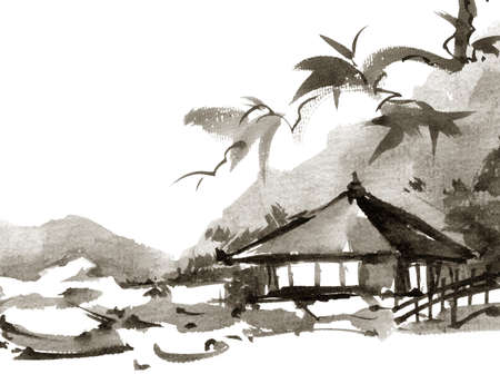 白い背景に日本の伝統的な建物。 墨絵の水墨画。」のイラスト