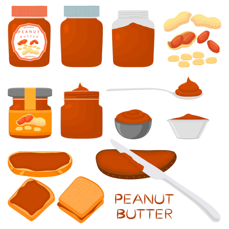 Illustration on theme big colored set different types peanut butter, jars various size. Peanut butter pattern consisting of collection accessory beautiful jar good meal. Glass jar yummy peanut butter.