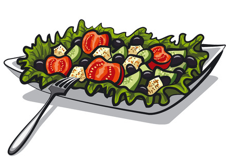 新鮮な野菜のサラダ トマト レタス フェタチーズ きゅうり オリーブのイラストのイラスト素材 ベクタ Image