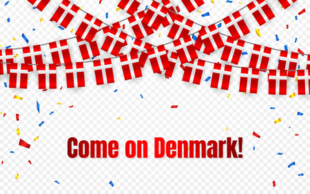 Denmark garland flag with confetti on transparent background, hang bunting for celebration template banner, vector illustration. Banco de Imagens