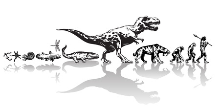 Geschiedenis van het leven op aarde. tijdlijn van de evolutie van prehistorische dieren, dinosaurussen, sabeltandtijger, aap tot grotmens. hand getekende vector schets met reflectie geïsoleerd op een witte achtergrond.