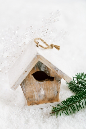 stock photo wooden bird house christmas decoration on white snow background - Bird House Christmas Decoration stock photo wooden bird house christmas decoration on white snow background - Bird House Christmas Decoration