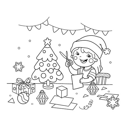 ページ概要の漫画クリスマス ツリー装飾品とギフトのぬりえ クリスマス 新しい年 子供のための塗り絵 のイラスト素材 ベクタ Image