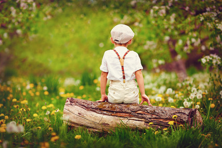 Cute little boy sitting on wooden log in spring garden