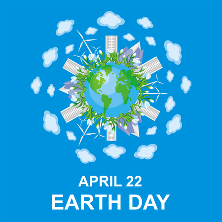 地球の日 惑星 都市 山 花の絵のポスター のイラスト素材 ベクタ Image