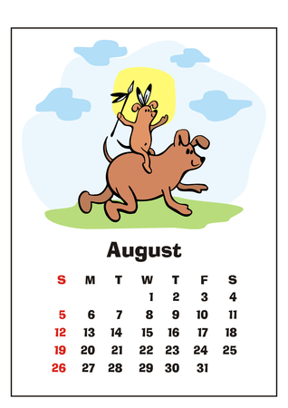 18 年 7 月日面白い犬の壁掛けカレンダー 楽しい漫画のスタイルで子供のイラスト カラフルなベクトルの背景 垂直方向 週の開始日 のイラスト素材 ベクタ Image