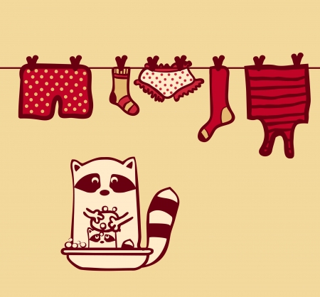 自分自身を洗うと衣類を洗うアライグマのセット のイラスト素材 ベクタ Image