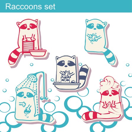 自分自身を洗うと衣類を洗うアライグマのセット のイラスト素材 ベクタ Image 自分自身を洗うと衣類を洗うアライグマのセット のイラスト素材 ベクタ Image