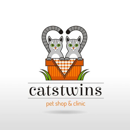 色の背景上のバスケットに座っているかわいい猫が面白い双子カップルのイラストのイラスト素材 ベクタ Image