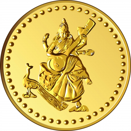 Gold coin: đồng tiền vàng sáng bóng với hình ảnh nhảy múa và chơi một loại nhạc cụ của Ấn Độ Shiva bốn vũ trang