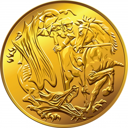 Gold coin: Anh đồng tiền vàng tiền chủ quyền, với hình ảnh của Thánh George giết con rắn, bị cô lập trên nền trắng