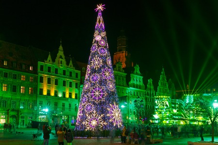 christmas tree and light laser show on market square at christmas christmas light laser