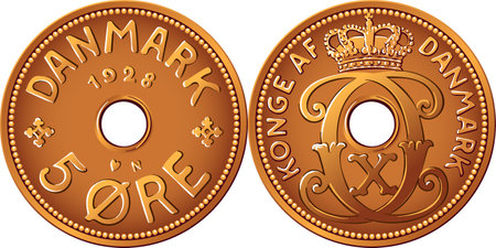 Obverse and reverse of danish money tin-bronze 5 ore coin. krone, official currency of denmark, greenland, and the faroe islands.