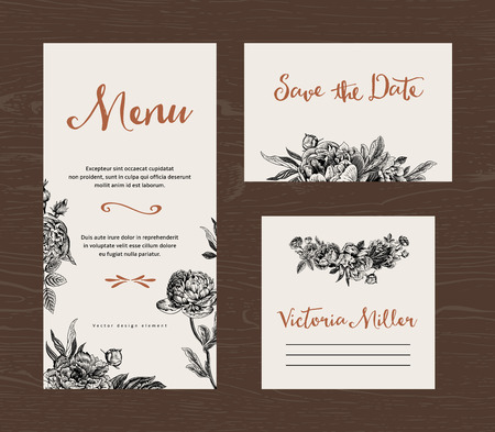 Wedding set. Menu, save the date, guest card. Black and white flowers peonies and roses. Vintage vector illustration. Иллюстрация