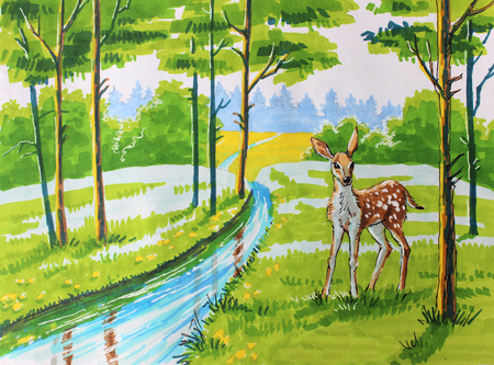 Illustration with markers: small fawn in a spring forest near a stream