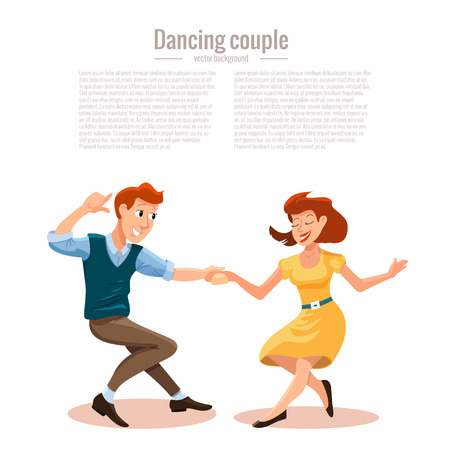 漫画のフラット スタイルの男性と女性の踊りのベクター イラストです 女の子と男の子とダンス党概念 分離された若い人々 の幸せカップルのダンスのイラストの イラスト素材 ベクタ Image