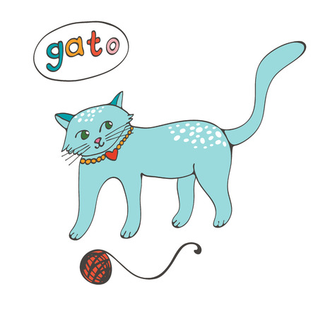 手には ポルトガル語で猫を意味するガトーの単語とかわいい猫のイラストが描かれました ベクトル形式のイラストのイラスト素材 ベクタ Image