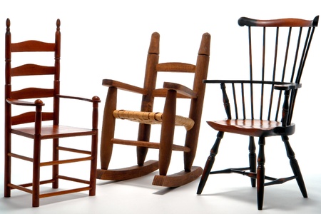 Antique Reproduction Scale Toy Collection Of Strait Back Armchair Antique reproduction scale toy collection of strait back armchair with rocking and Windsor chairs over white - Antique Reproduction Scale Toy Collection Of Strait Back Armchair
