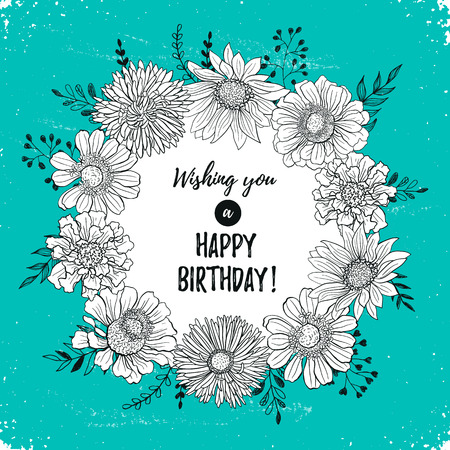 happy birthday retro poster greeting card with flowers hand