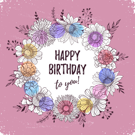 happy birthday retro poster greeting card with flowers hand