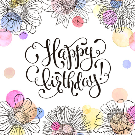happy birthday greeting card hand drawn flowers frame with watercolor on white background birthday - Happy Birthday Cards Flowers happy birthday greeting card hand drawn flowers frame with watercolor on white background birthday - Happy Birthday Cards Flowers