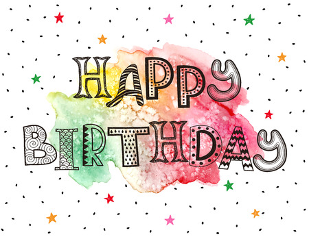 Hapy birthday greeting card. Hand drawn whimsical letters with watercolor spot isolated on white background. Modern zentangle letters design. Happy birthday funny text illustration.