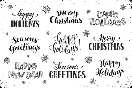 hand written new year phrases greeting card text with snowflakes