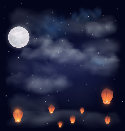 Moonlight lanterns: Đêm bầu trời với mặt trăng, sao và đèn lồng mong muốn của Trung Quốc. vector hình minh họa