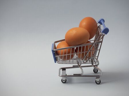 Mini caddie rempli d'œufs bruns. panier plein d'œufs isolés sur fond bleu. mettez tous vos œufs dans un concept de panier. Banque d'images