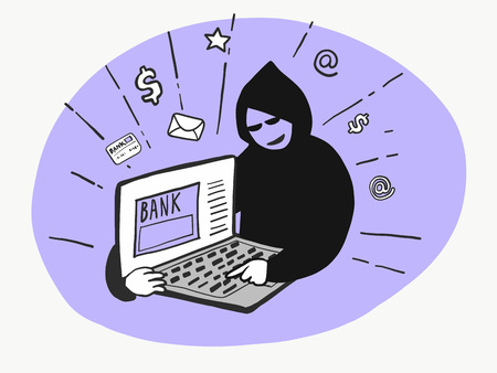 hacker in black hoodie using laptop clip art preview