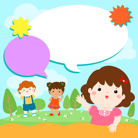 空のテンプレートの文字スマイル子供ベクトル イラスト あなたのメッセージを準備します カラフルな漫画と庭の子供 のイラスト素材 ベクタ Image