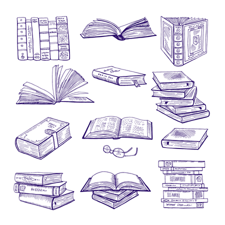 開いた本と閉じた本のイラストの3つのスケッチ のイラスト素材 ベクタ Image