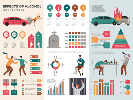 Alcoholism infographics. dangerous drunk driver alcoholic health vector template with graphics and charts. effect of alcohol infographic, driver acciden illustration