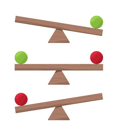 Houten wip. evenwichtsschaal of equilibrio-items platte vectorillustraties. bord balanceert gelijkheid, schaal en vergelijk wankel, schommel wankel
