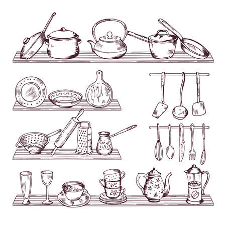 Kitchen wooden shelves with different tools. hand drawn vector illustration isolate on white background. sketch kitchen tools spoon and fork for cooking Banco de Imagens