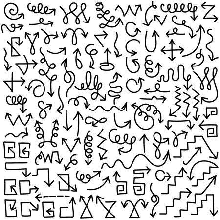A large collection of various arrows, direction or motion indicators, cursors drawn with a felt-tip pen. isolated on white background. vector illustration. Stock Photo