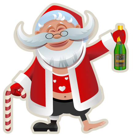 Merry Christmas. Fun Drunk Santa Claus holding bottle of champagne. Isolated on white vector cartoon illustration
