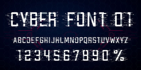 Digital vector font design. letters, numbers and percent symbol for advertising materials, web and app. cyber monday. hi-tech style alphabet and numbers. tech theme.