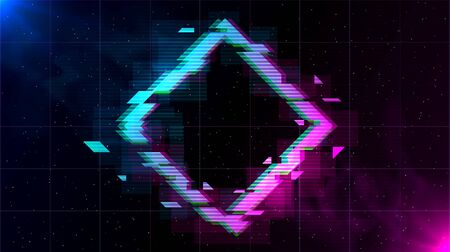 Retrowave glitch rhombus with sparkling and blue and purple glows with smoke. Stock Photo
