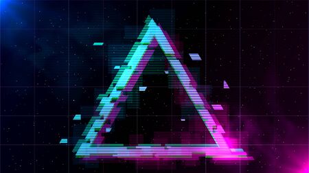 Retrowave glitch triangle with sparkling and blue and purple glows with smoke. Stock Photo