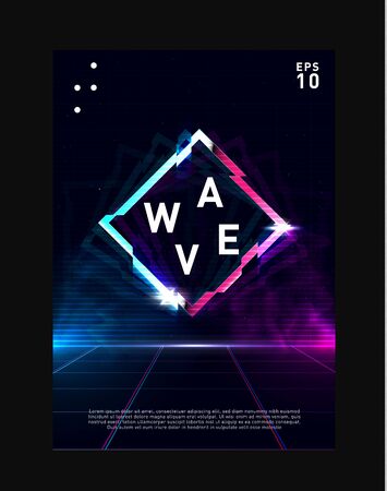 Rhombus glitch effect on laser grid with blue and pink glows and smoke. retrowave vaporwave synthwave design for poster, flyer, cover, brochure, card, club invitation.