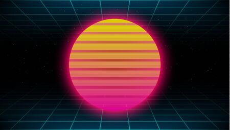 Retrowave synthwave vaporwave yellow pink gradient glowing sun on blue laser grid background in starry space. Stock Photo