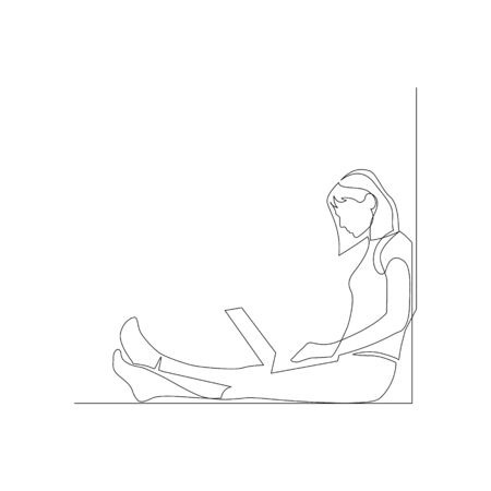 Continuous one line woman with laptop sitting on the floor leaning against a wall. Vector stock illustration. Vector Illustration