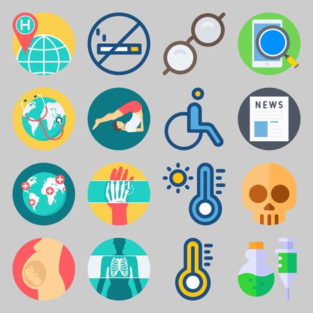 医療に関するアイコンセット 灰色の背景にヨガ ホットと世界の病院ベクターイラストで のイラスト素材 ベクタ Image