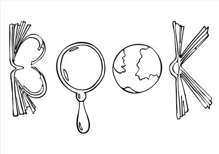 The word book is displayed in the form of objects, books, a globe and a magnifying glass. vector illustration The word book is displayed in the form of objects, books, a globe and a magnifying glass. vector illustration